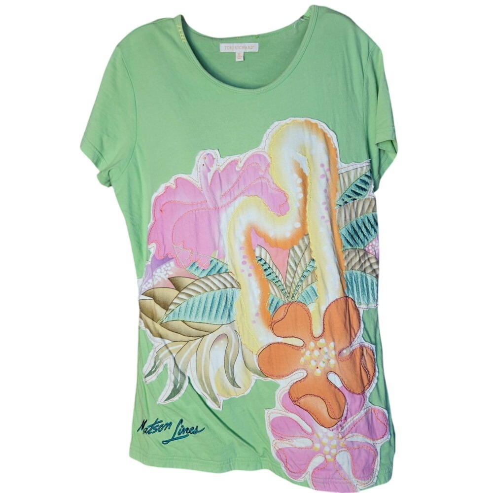Tori Richard Matson Art Lines‎ Green Floral Applique T-Shirt Cotton XL Hawain